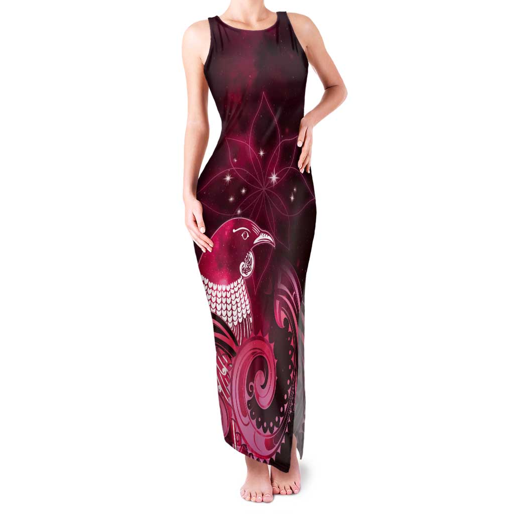 New Zealand Matariki Tank Maxi Dress Maori Tui Bird Magenta Galaxy