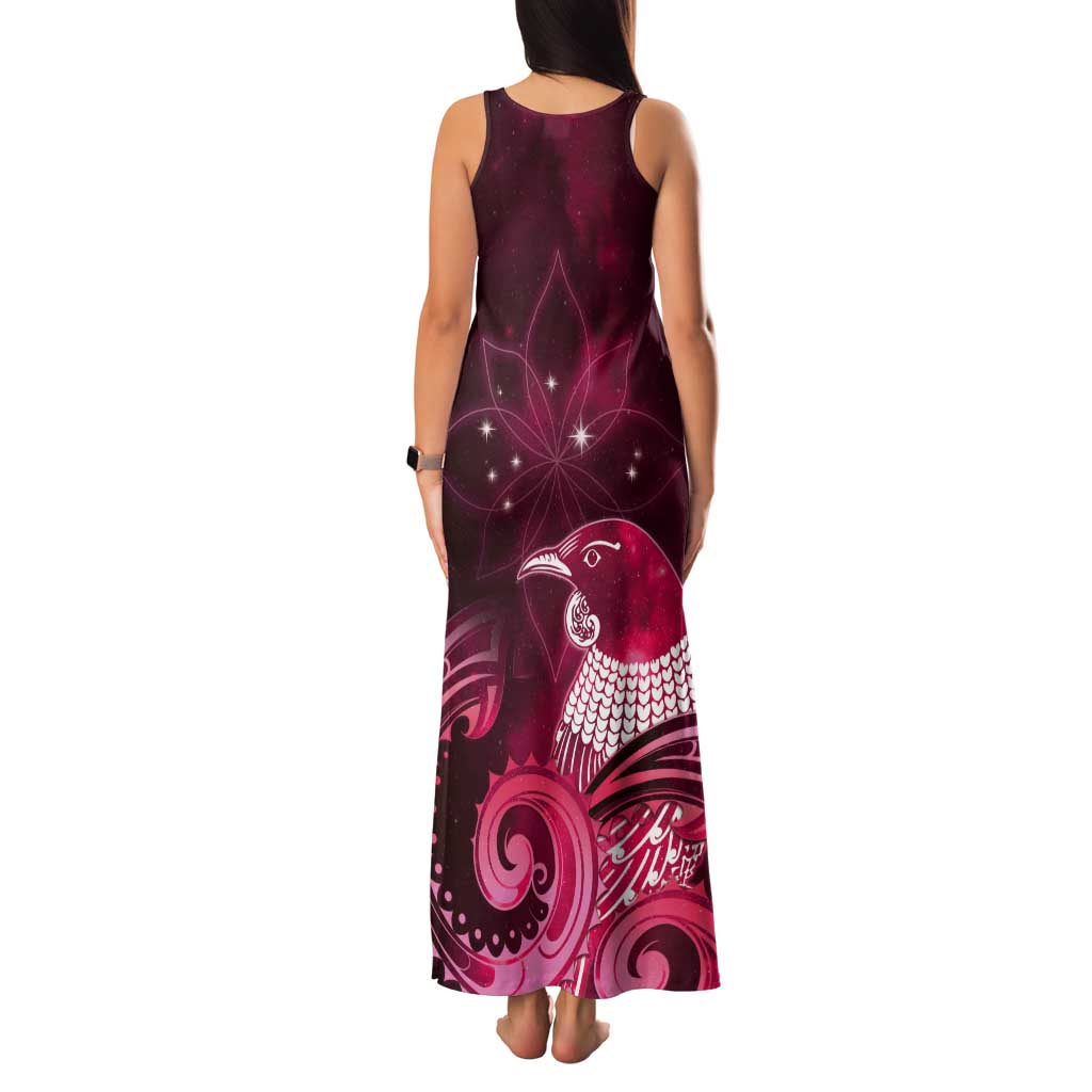 New Zealand Matariki Tank Maxi Dress Maori Tui Bird Magenta Galaxy