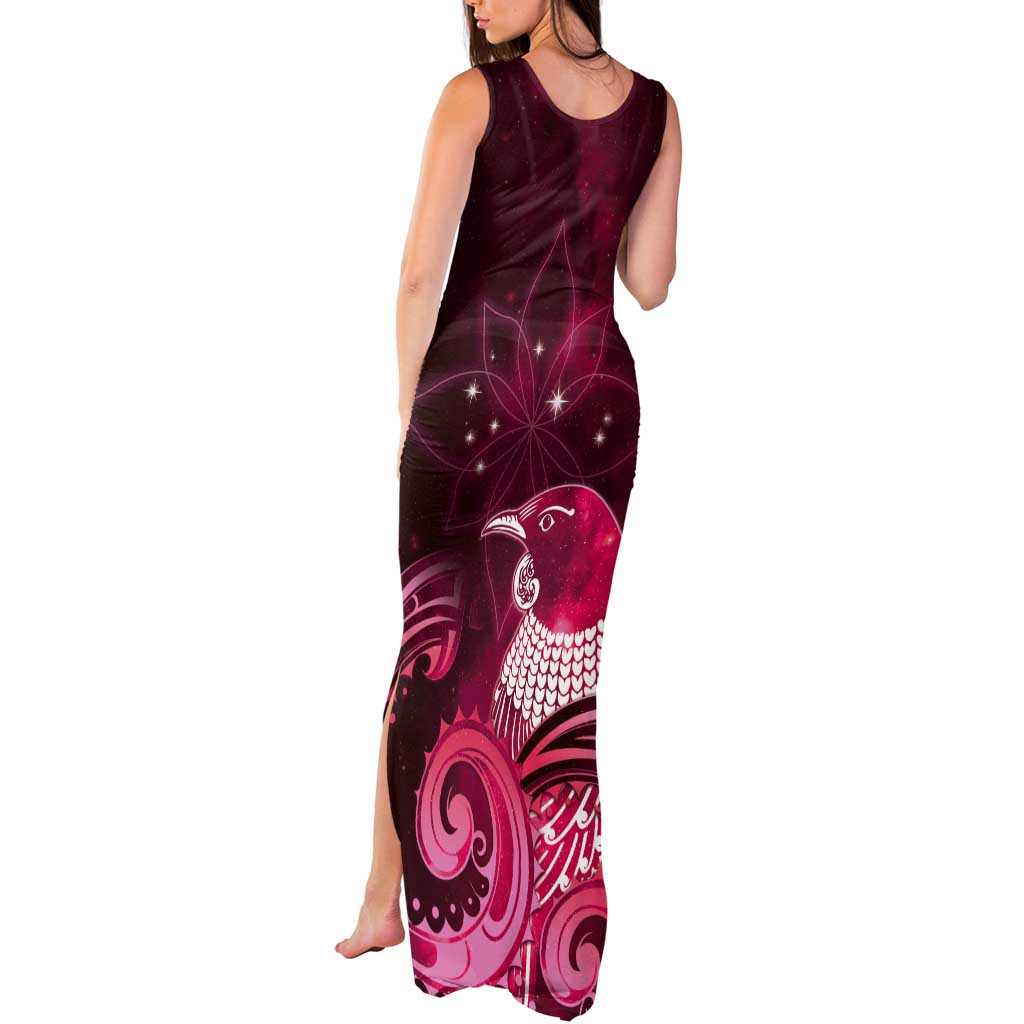 New Zealand Matariki Tank Maxi Dress Maori Tui Bird Magenta Galaxy