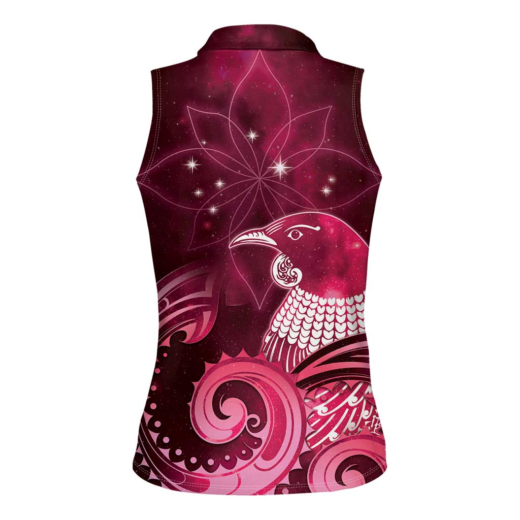 New Zealand Matariki Women Sleeveless Polo Shirt Maori Tui Bird Magenta Galaxy