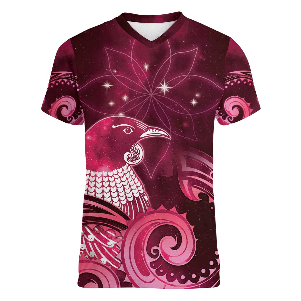 New Zealand Matariki Women V-Neck T-Shirt Maori Tui Bird Magenta Galaxy