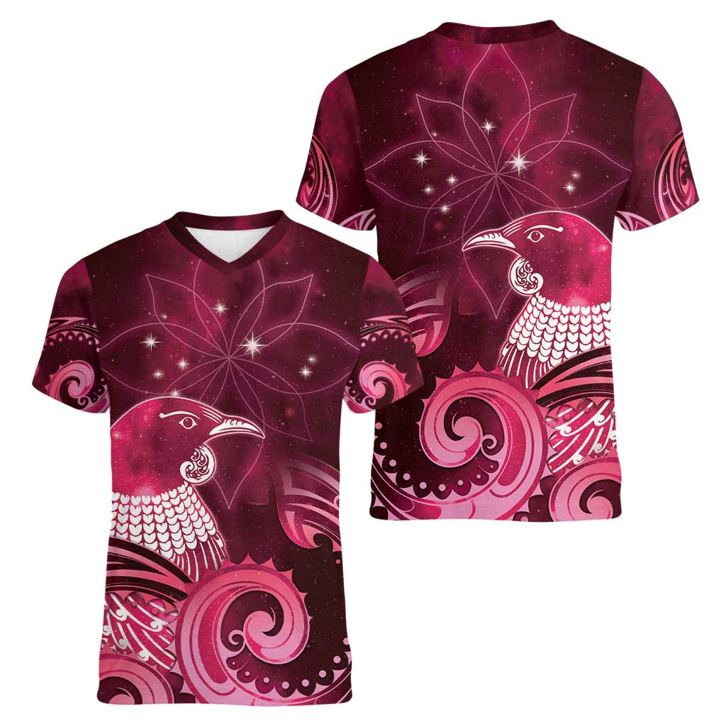 New Zealand Matariki Women V-Neck T-Shirt Maori Tui Bird Magenta Galaxy