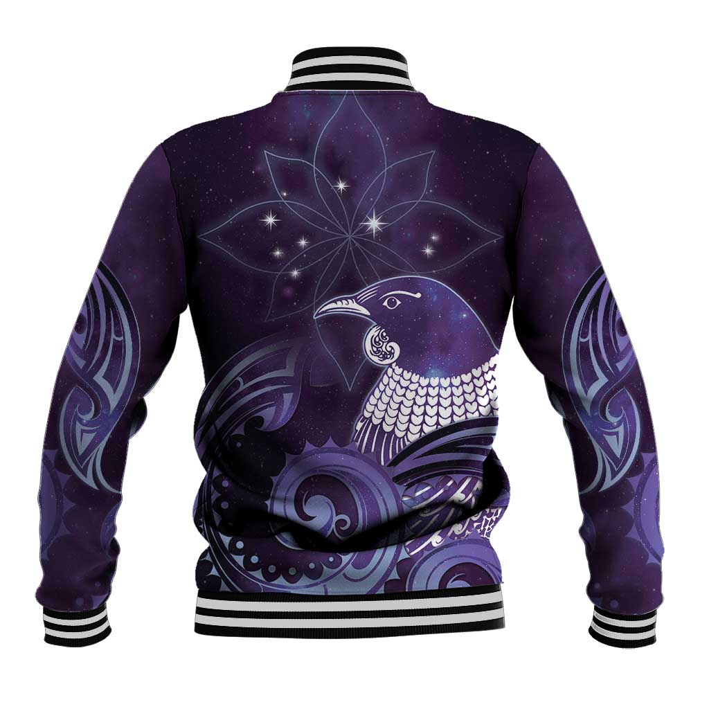 New Zealand Matariki Baseball Jacket Maori Tui Bird Purple Galaxy
