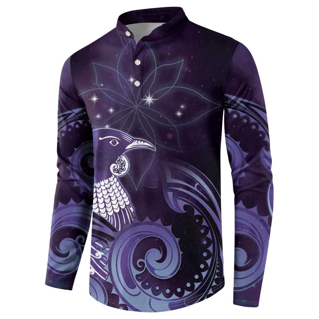 New Zealand Matariki Button Sweatshirt Maori Tui Bird Purple Galaxy
