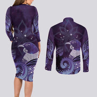 New Zealand Matariki Couples Matching Long Sleeve Bodycon Dress and Long Sleeve Button Shirt Maori Tui Bird Purple Galaxy