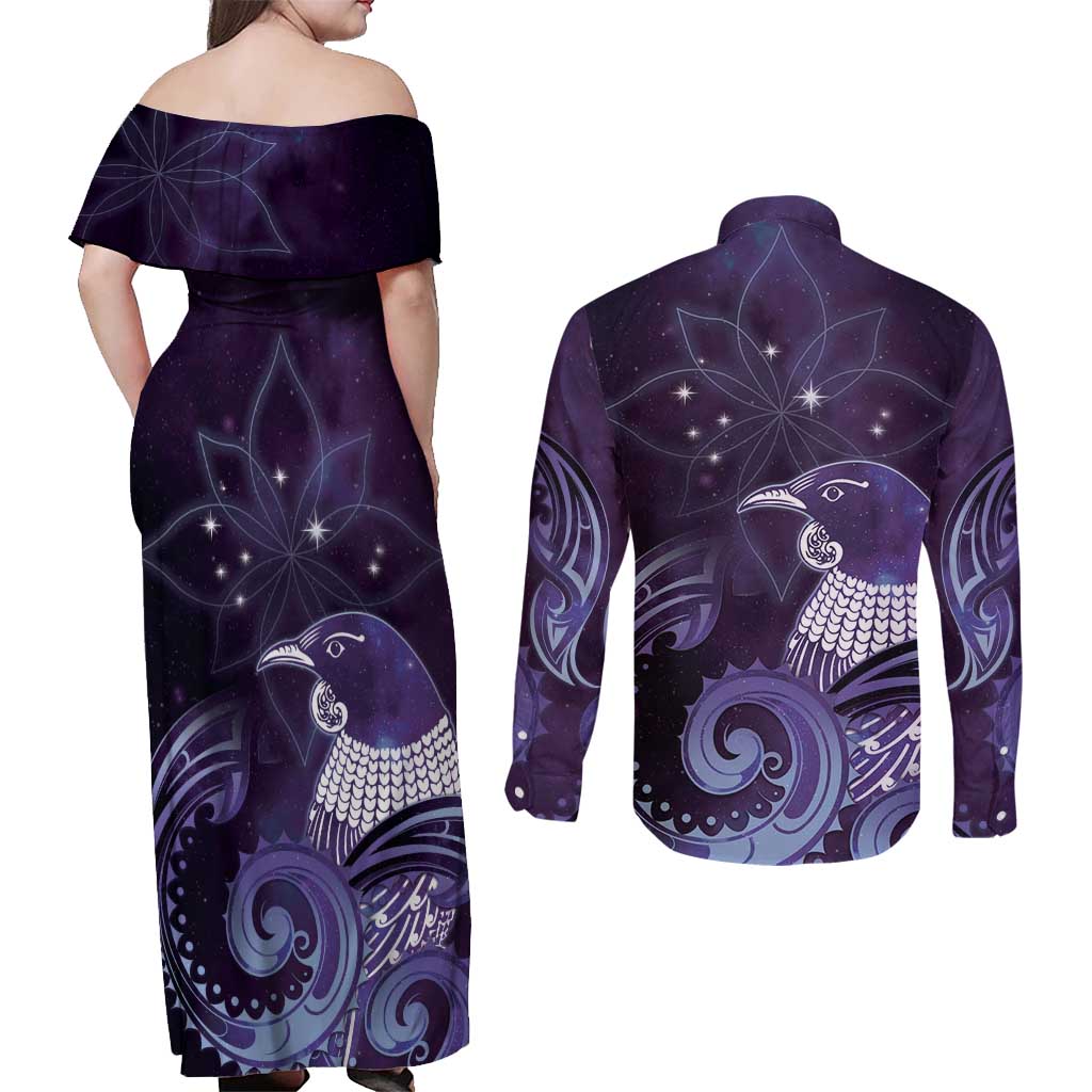 New Zealand Matariki Couples Matching Off Shoulder Maxi Dress and Long Sleeve Button Shirt Maori Tui Bird Purple Galaxy