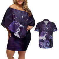 New Zealand Matariki Couples Matching Off Shoulder Short Dress and Hawaiian Shirt Maori Tui Bird Purple Galaxy