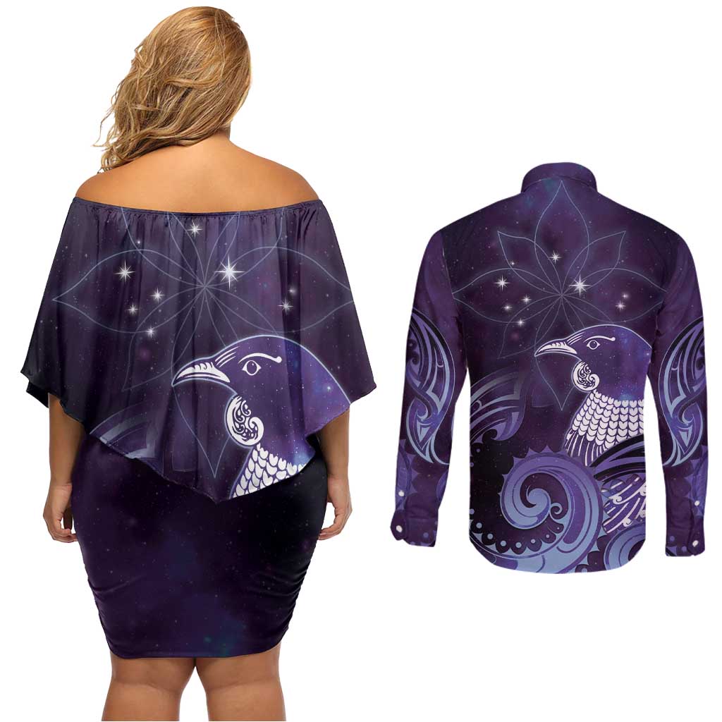 New Zealand Matariki Couples Matching Off Shoulder Short Dress and Long Sleeve Button Shirt Maori Tui Bird Purple Galaxy