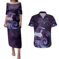 New Zealand Matariki Couples Matching Puletasi and Hawaiian Shirt Maori Tui Bird Purple Galaxy