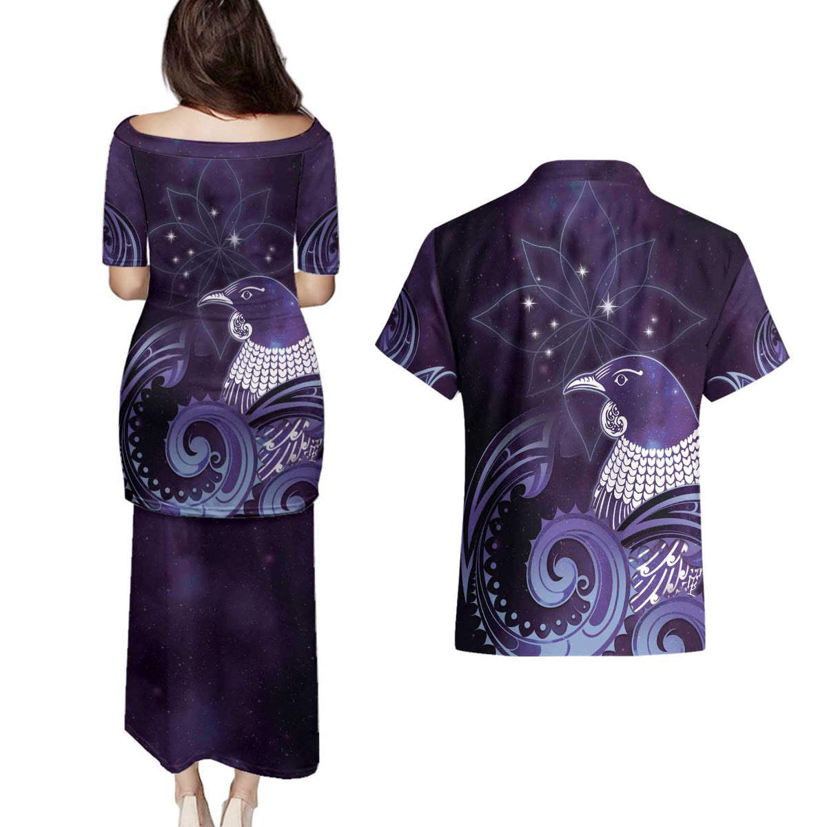 New Zealand Matariki Couples Matching Puletasi and Hawaiian Shirt Maori Tui Bird Purple Galaxy