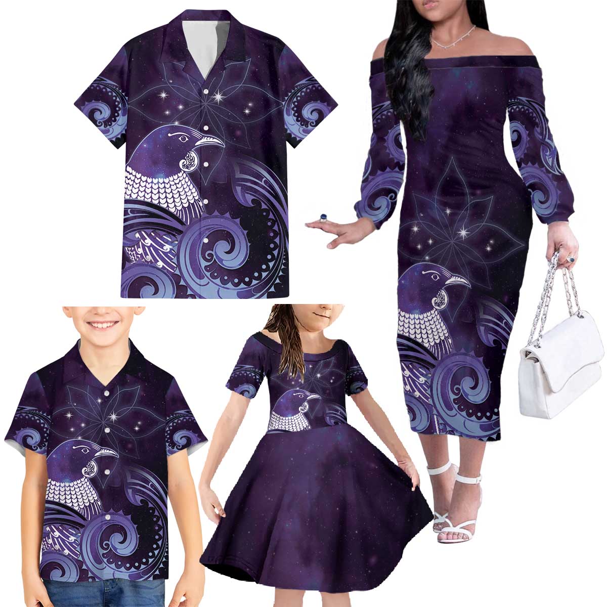 New Zealand Matariki Family Matching Off The Shoulder Long Sleeve Dress and Hawaiian Shirt Maori Tui Bird Purple Galaxy
