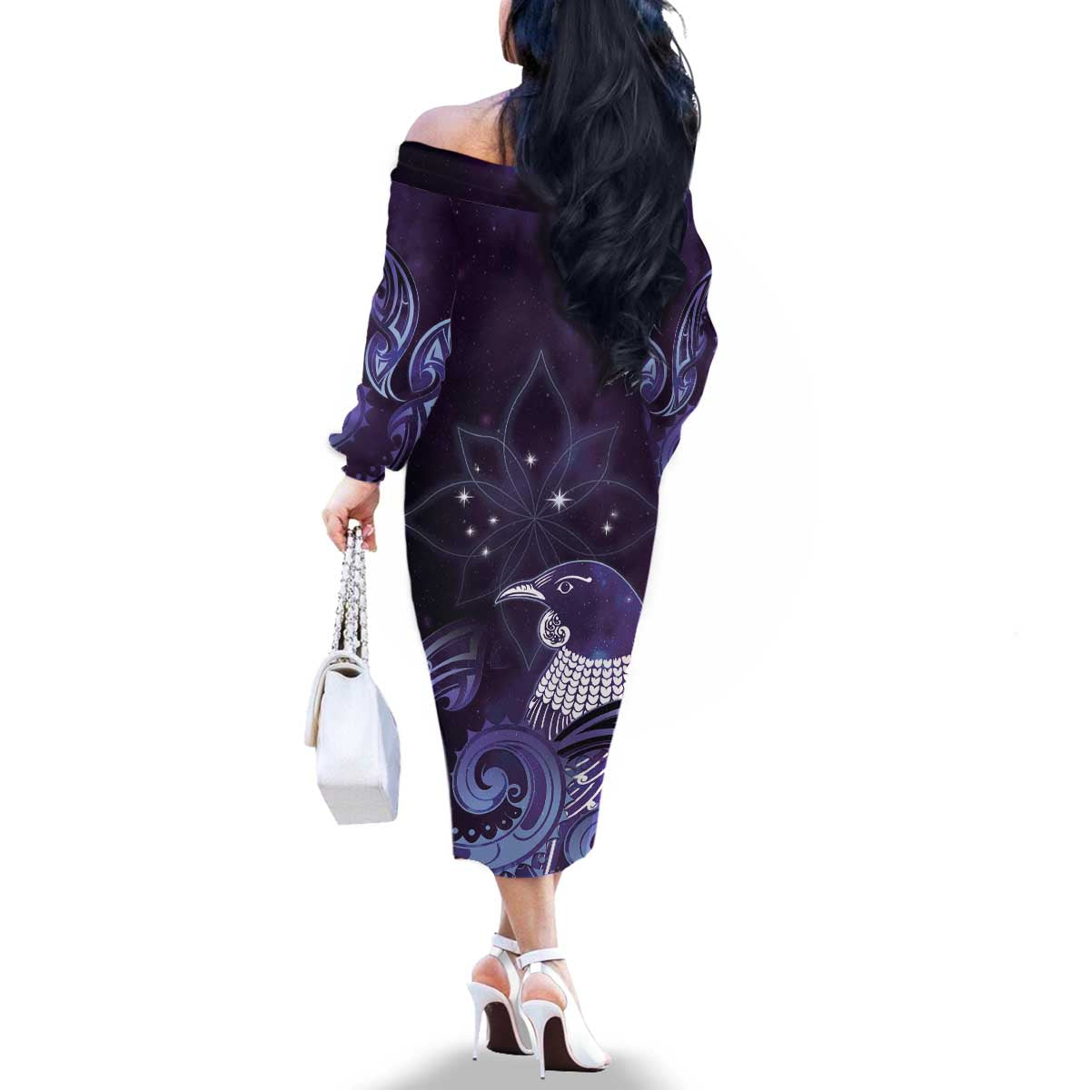 New Zealand Matariki Family Matching Off The Shoulder Long Sleeve Dress and Hawaiian Shirt Maori Tui Bird Purple Galaxy