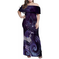 New Zealand Matariki Family Matching Off Shoulder Maxi Dress and Hawaiian Shirt Maori Tui Bird Purple Galaxy