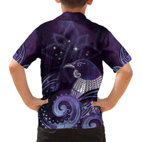 New Zealand Matariki Family Matching Off Shoulder Short Dress and Hawaiian Shirt Maori Tui Bird Purple Galaxy