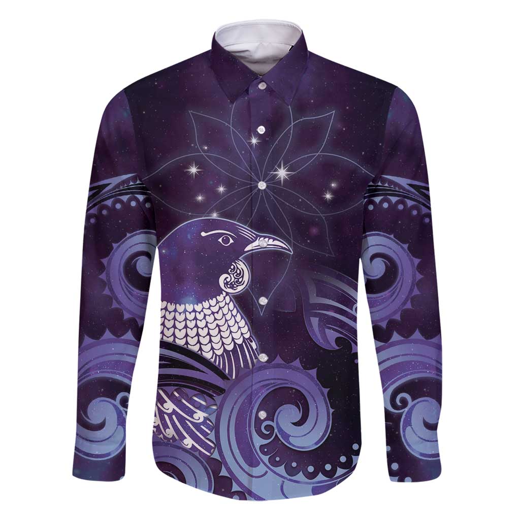 New Zealand Matariki Family Matching Off Shoulder Short Dress and Hawaiian Shirt Maori Tui Bird Purple Galaxy