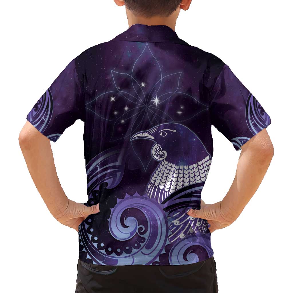 New Zealand Matariki Family Matching Puletasi and Hawaiian Shirt Maori Tui Bird Purple Galaxy