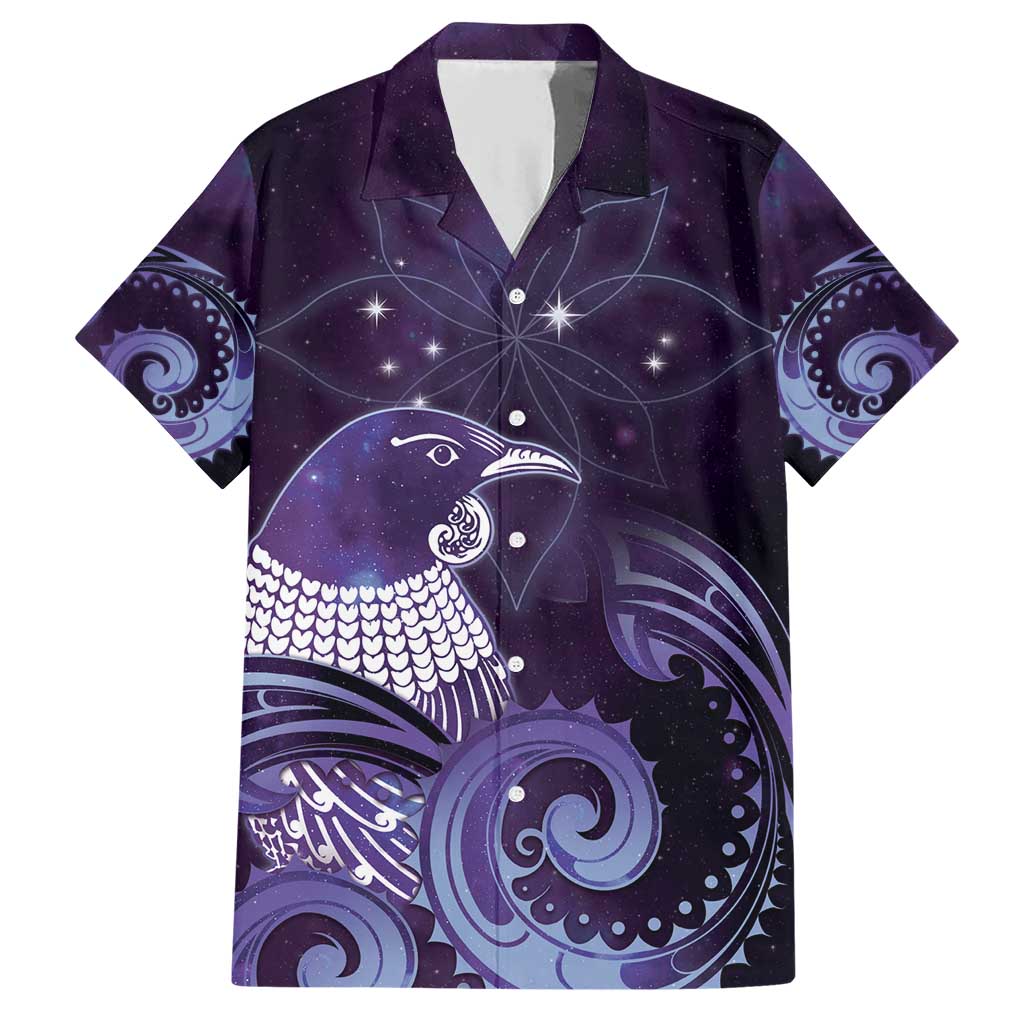 New Zealand Matariki Family Matching Short Sleeve Bodycon Dress and Hawaiian Shirt Maori Tui Bird Purple Galaxy