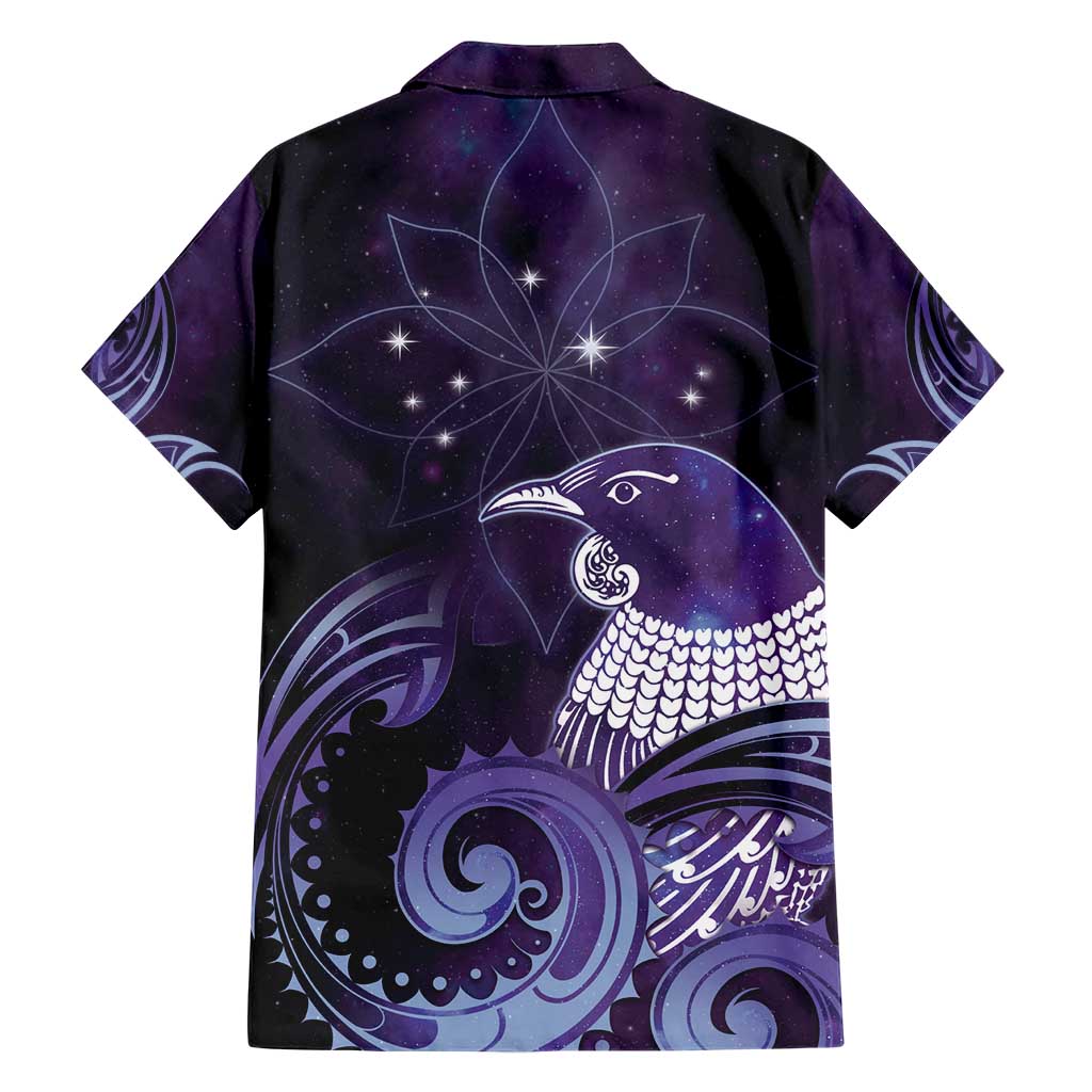 New Zealand Matariki Family Matching Short Sleeve Bodycon Dress and Hawaiian Shirt Maori Tui Bird Purple Galaxy