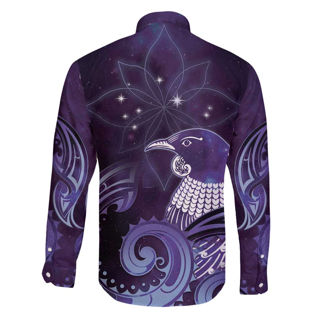 New Zealand Matariki Family Matching Short Sleeve Bodycon Dress and Hawaiian Shirt Maori Tui Bird Purple Galaxy