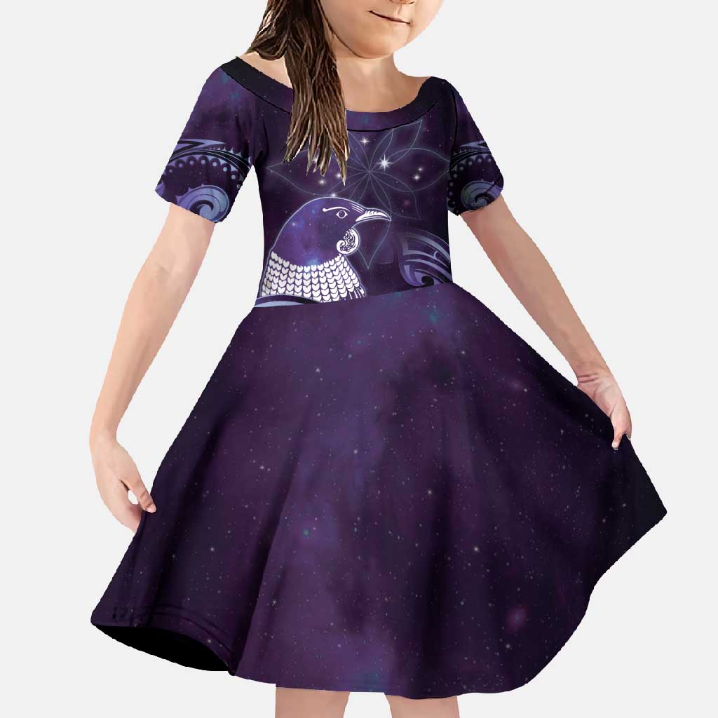 New Zealand Matariki Family Matching Tank Maxi Dress and Hawaiian Shirt Maori Tui Bird Purple Galaxy