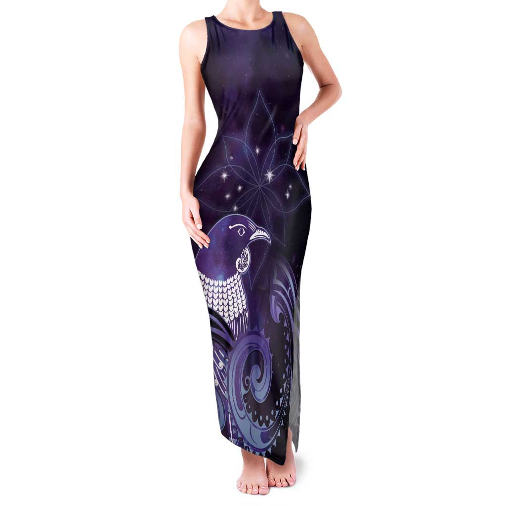 New Zealand Matariki Family Matching Tank Maxi Dress and Hawaiian Shirt Maori Tui Bird Purple Galaxy
