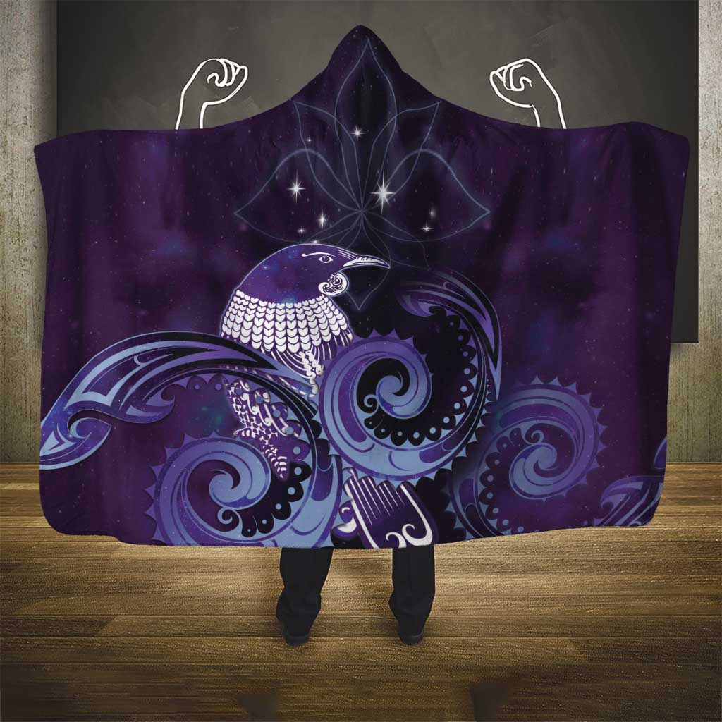 New Zealand Matariki Hooded Blanket Maori Tui Bird Purple Galaxy