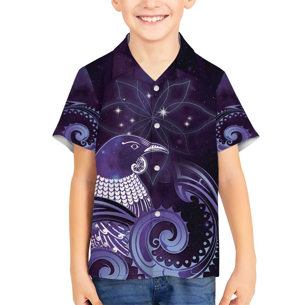 New Zealand Matariki Kid Hawaiian Shirt Maori Tui Bird Purple Galaxy