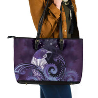 New Zealand Matariki Leather Tote Bag Maori Tui Bird Purple Galaxy