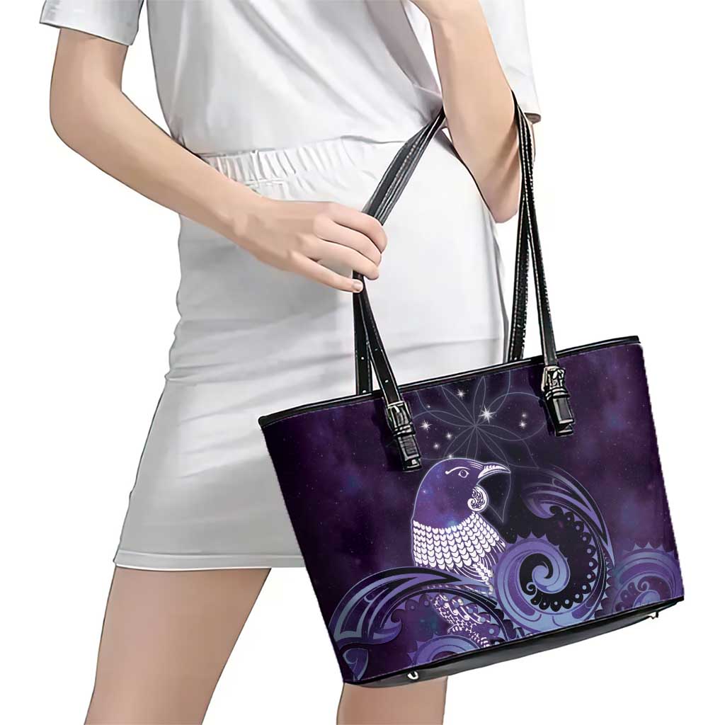 New Zealand Matariki Leather Tote Bag Maori Tui Bird Purple Galaxy