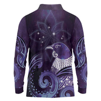 New Zealand Matariki Long Sleeve Polo Shirt Maori Tui Bird Purple Galaxy