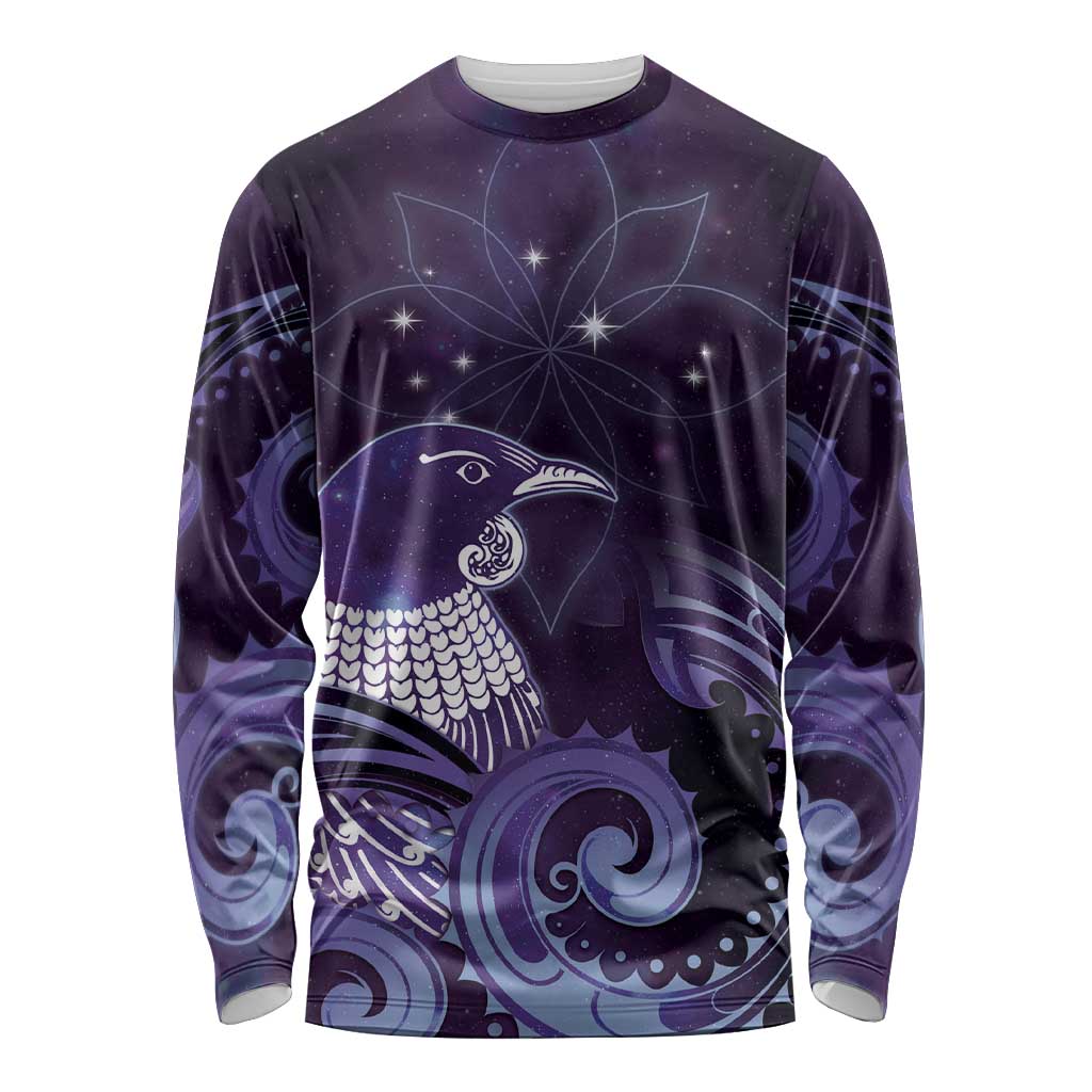 New Zealand Matariki Long Sleeve Shirt Maori Tui Bird Purple Galaxy
