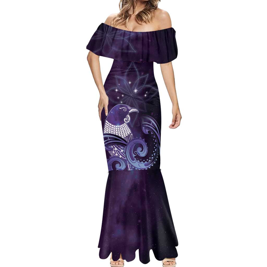 New Zealand Matariki Mermaid Dress Maori Tui Bird Purple Galaxy