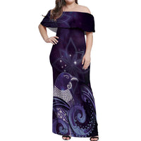 New Zealand Matariki Off Shoulder Maxi Dress Maori Tui Bird Purple Galaxy