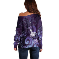 New Zealand Matariki Off Shoulder Sweater Maori Tui Bird Purple Galaxy
