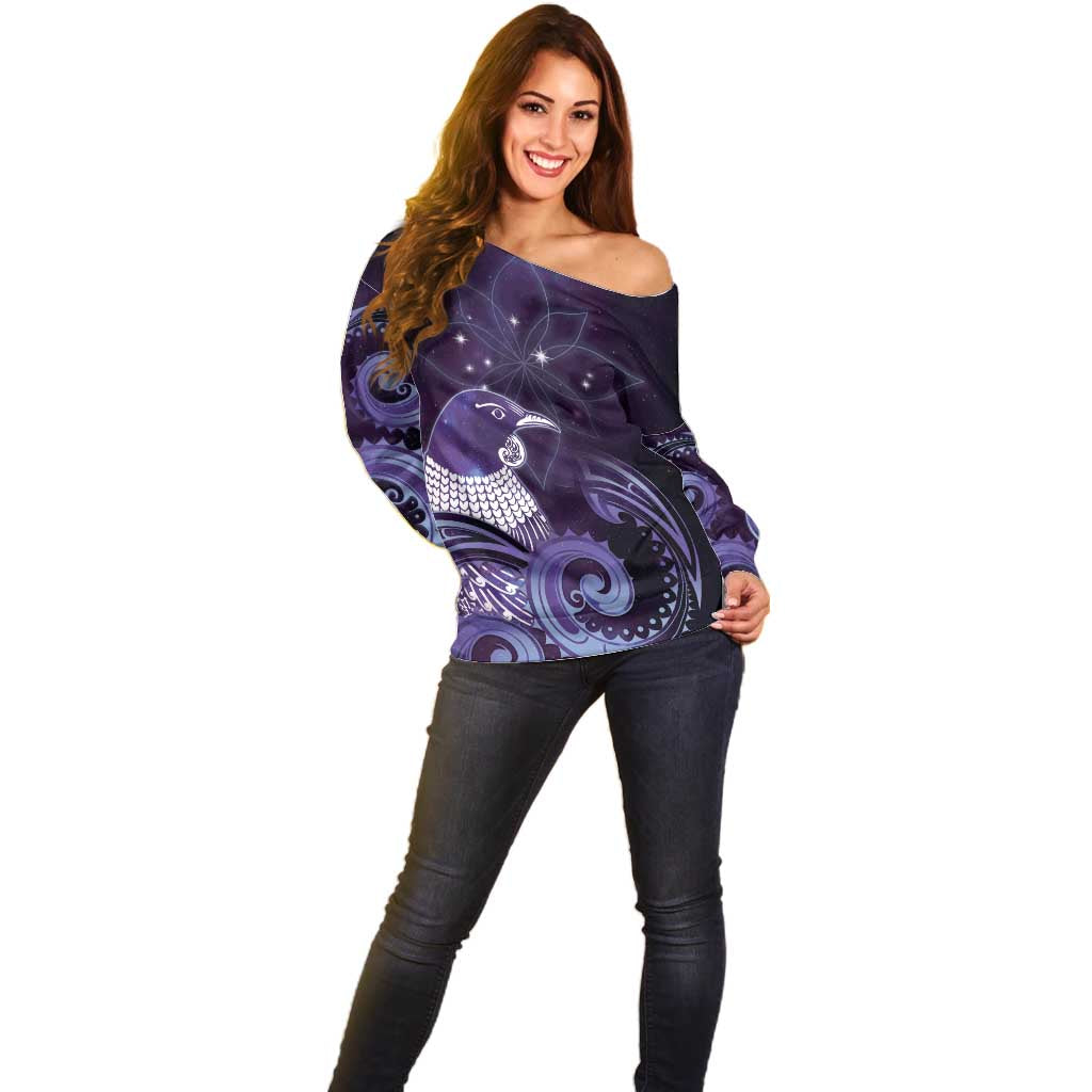 New Zealand Matariki Off Shoulder Sweater Maori Tui Bird Purple Galaxy