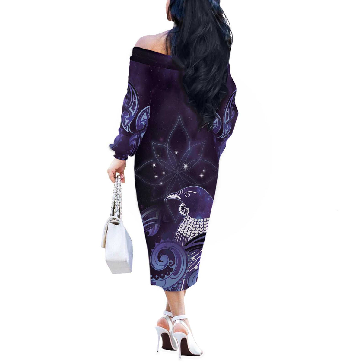 New Zealand Matariki Off The Shoulder Long Sleeve Dress Maori Tui Bird Purple Galaxy