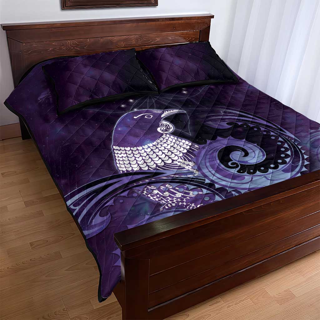 New Zealand Matariki Quilt Bed Set Maori Tui Bird Purple Galaxy