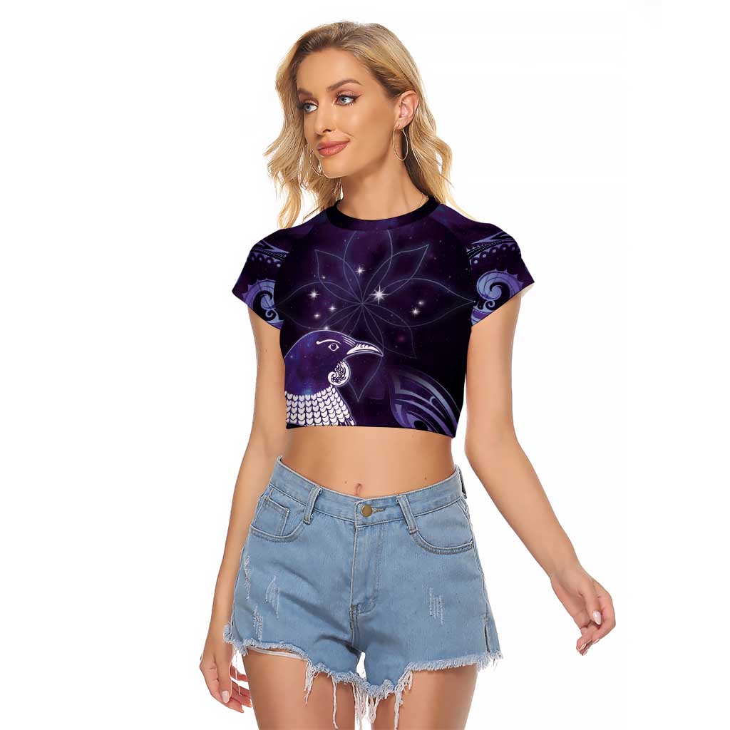 New Zealand Matariki Raglan Cropped T Shirt Maori Tui Bird Purple Galaxy