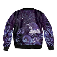 New Zealand Matariki Sleeve Zip Bomber Jacket Maori Tui Bird Purple Galaxy