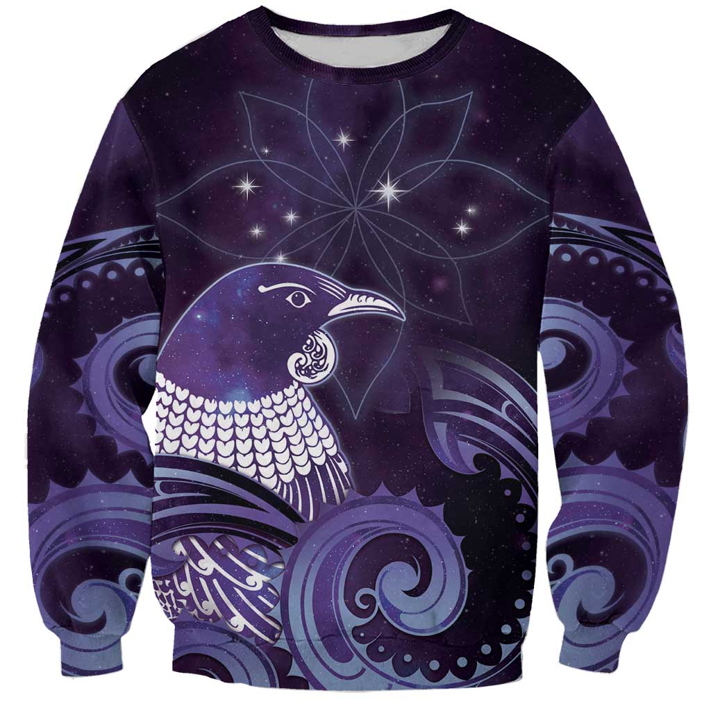New Zealand Matariki Sweatshirt Maori Tui Bird Purple Galaxy
