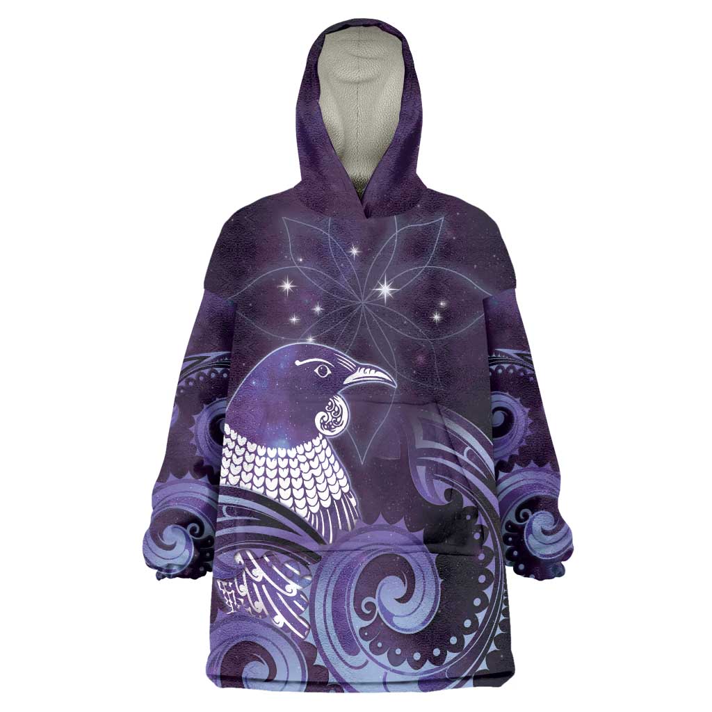 New Zealand Matariki Wearable Blanket Hoodie Maori Tui Bird Purple Galaxy
