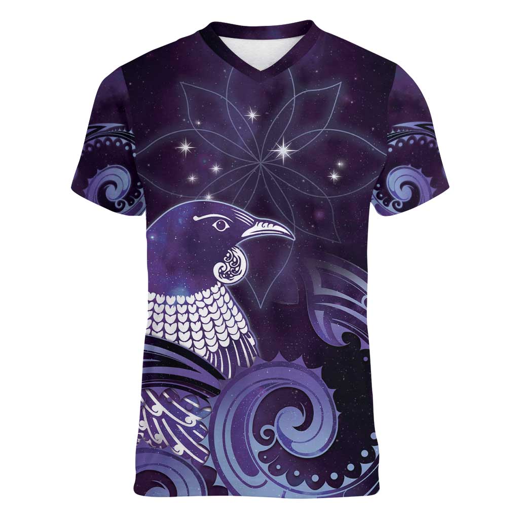 New Zealand Matariki Women V-Neck T-Shirt Maori Tui Bird Purple Galaxy