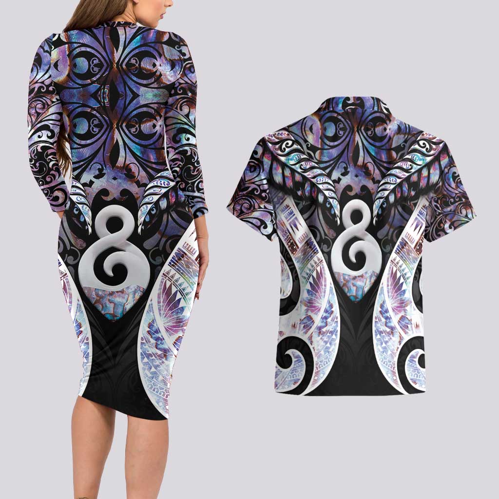 New Zealand Aotearoa Couples Matching Long Sleeve Bodycon Dress and Hawaiian Shirt Pikorua Single Twist Pink Paua Shell DT05 - Polynesian Pride