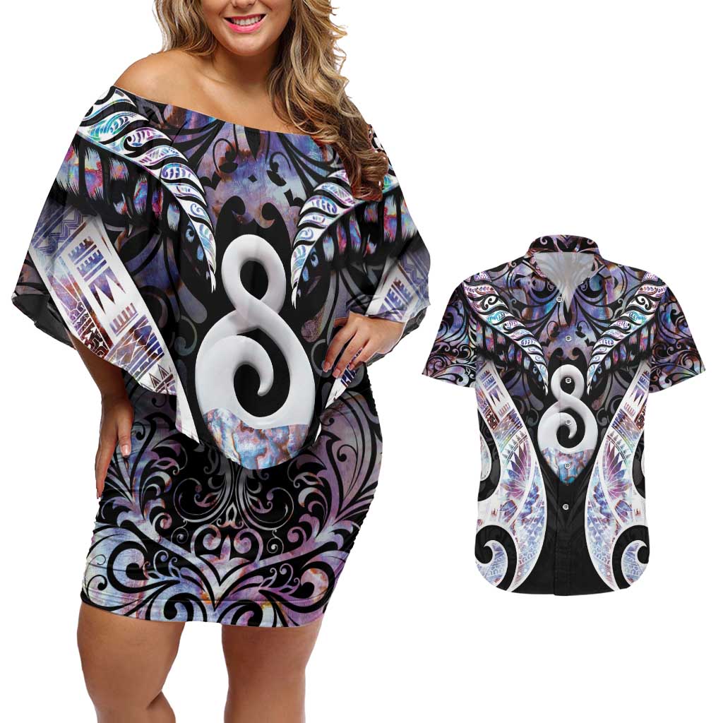 New Zealand Aotearoa Couples Matching Off Shoulder Short Dress and Hawaiian Shirt Pikorua Single Twist Pink Paua Shell DT05 Pink - Polynesian Pride