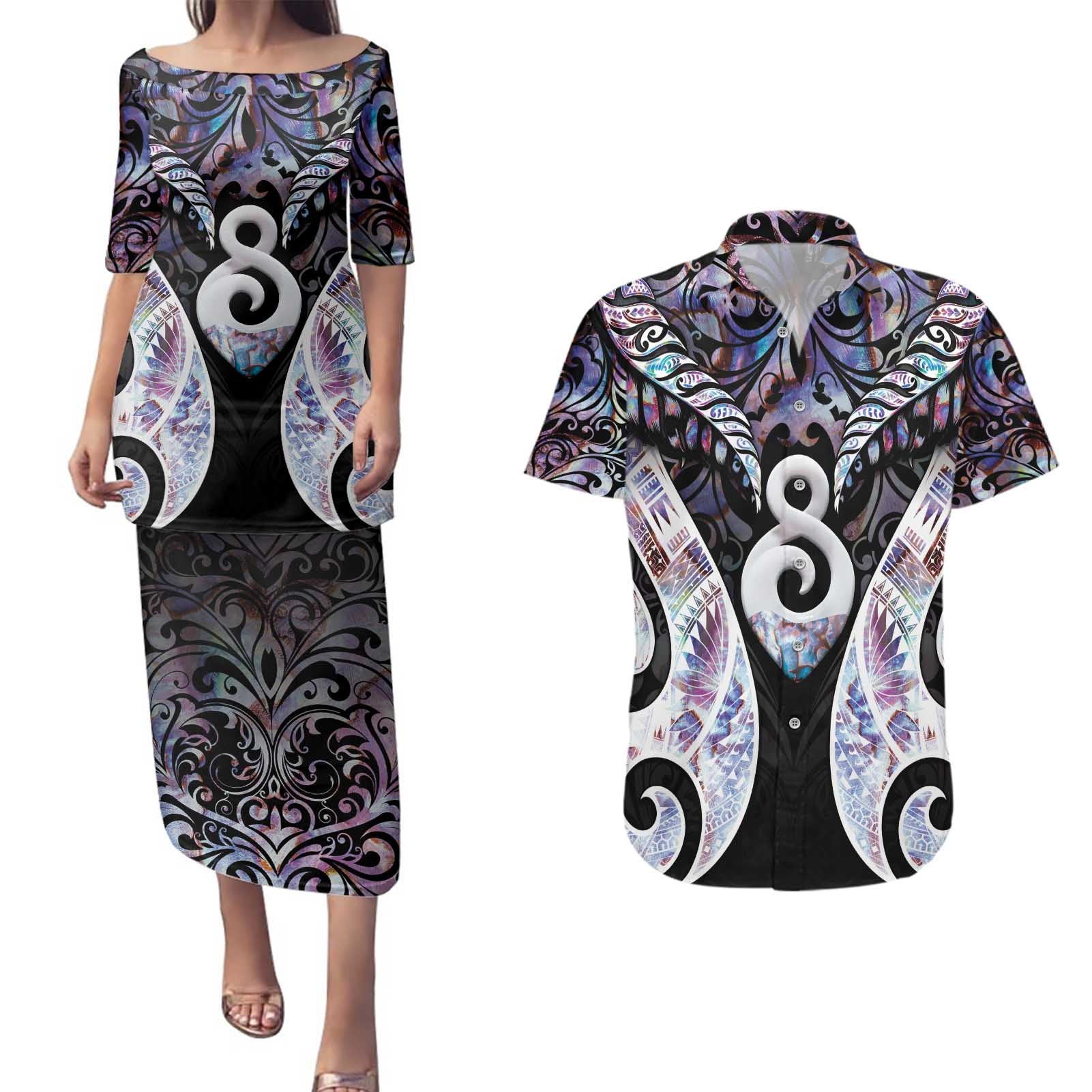 New Zealand Aotearoa Couples Matching Puletasi and Hawaiian Shirt Pikorua Single Twist Pink Paua Shell
