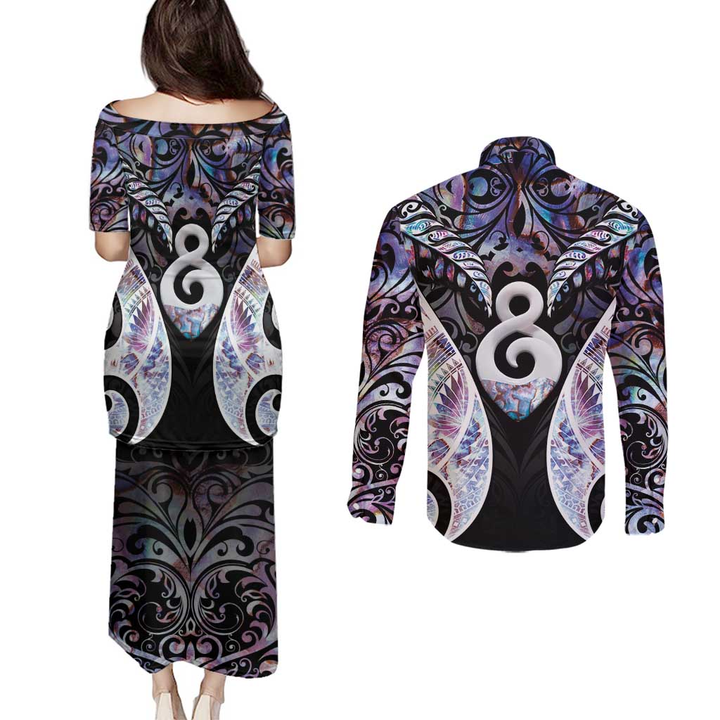 New Zealand Aotearoa Couples Matching Puletasi and Long Sleeve Button Shirt Pikorua Single Twist Pink Paua Shell