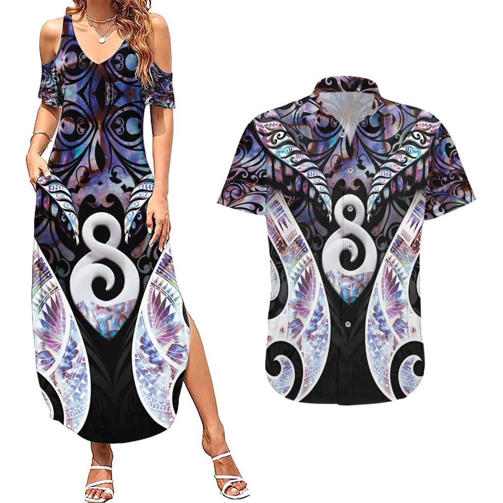 New Zealand Aotearoa Couples Matching Summer Maxi Dress and Hawaiian Shirt Pikorua Single Twist Pink Paua Shell