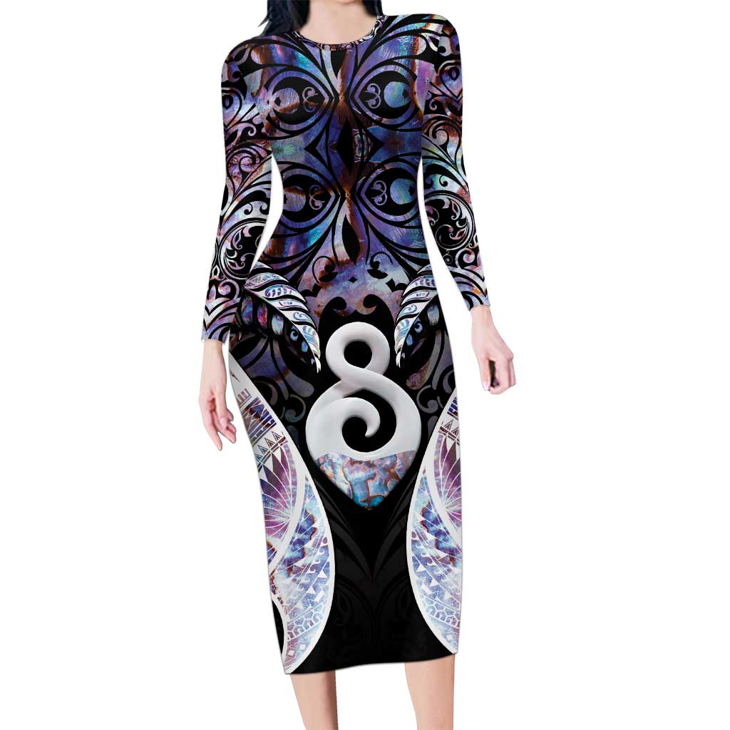 New Zealand Aotearoa Family Matching Long Sleeve Bodycon Dress and Hawaiian Shirt Pikorua Single Twist Pink Paua Shell DT05 Mom's Dress Pink - Polynesian Pride