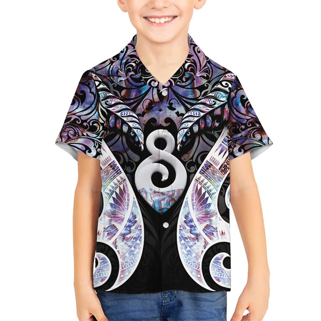 New Zealand Aotearoa Family Matching Long Sleeve Bodycon Dress and Hawaiian Shirt Pikorua Single Twist Pink Paua Shell DT05 Son's Shirt Pink - Polynesian Pride