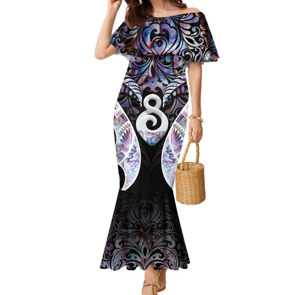 New Zealand Aotearoa Family Matching Mermaid Dress and Hawaiian Shirt Pikorua Single Twist Pink Paua Shell DT05 Mom's Dress Pink - Polynesian Pride